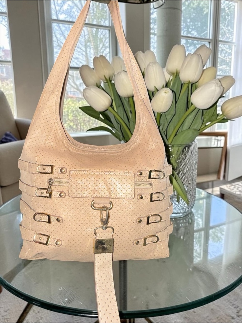 Jimmy Choo Bardia Perforated Shimmer Suede Buckle Strap Hobo Shoulder Bag